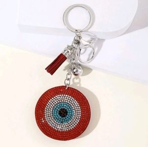RHINESTONE RED EVIL EYE GRECIAN KEYRING KEYCHAIN WITH RED TASSEL
